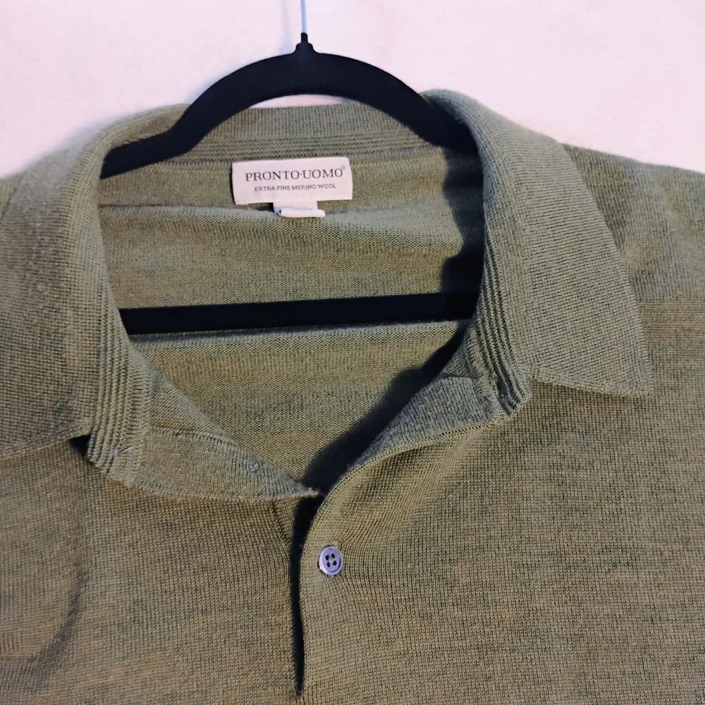 Pronto Uomo Mens 3XL Green Merino Extra Fine Wool Polo Sweater Long Sleeve